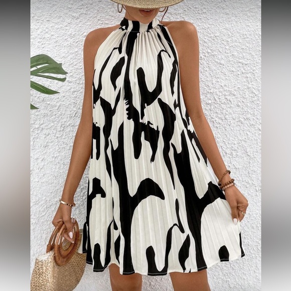 Elegant Black and White Pleated Halter Dress - Picture 1 of 16